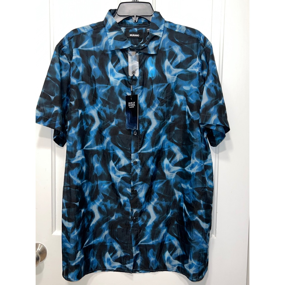 Murano Shape of Water Blue Abstract Print Nylon Short Sleeve Shirt Mens XL NWT